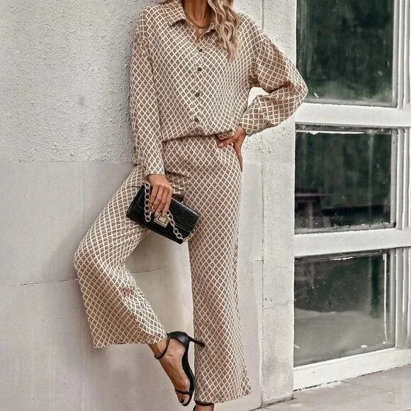 Apricot Casual Womens Allover Print Drop Shoulder Shirt & Wide Leg Pants - Picture 4 of 5